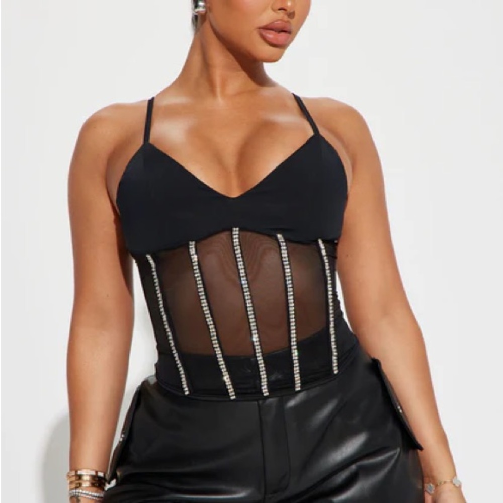 Fashion Nova Black and Silver Mesh Camisole with Rhinestone trim